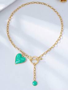 1pc Fashionable 3D Alloy Coated Turquoise Heart Pendant & Turquoise Teardrop Pendant Necklace - Turquoise - View 4