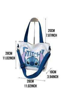 史迪奇帆布手提袋，厚帆布材质，可爱史迪奇躺卧图案+蓝色“史迪奇”字样，容量大、轻便舒适，可装书籍/笔记本电脑，适合青少年/女孩/女性/动漫爱好者，可用于学校/工作/购物/旅行/休闲外出，必备单品，美观的生日/节日/特殊场合礼物。
