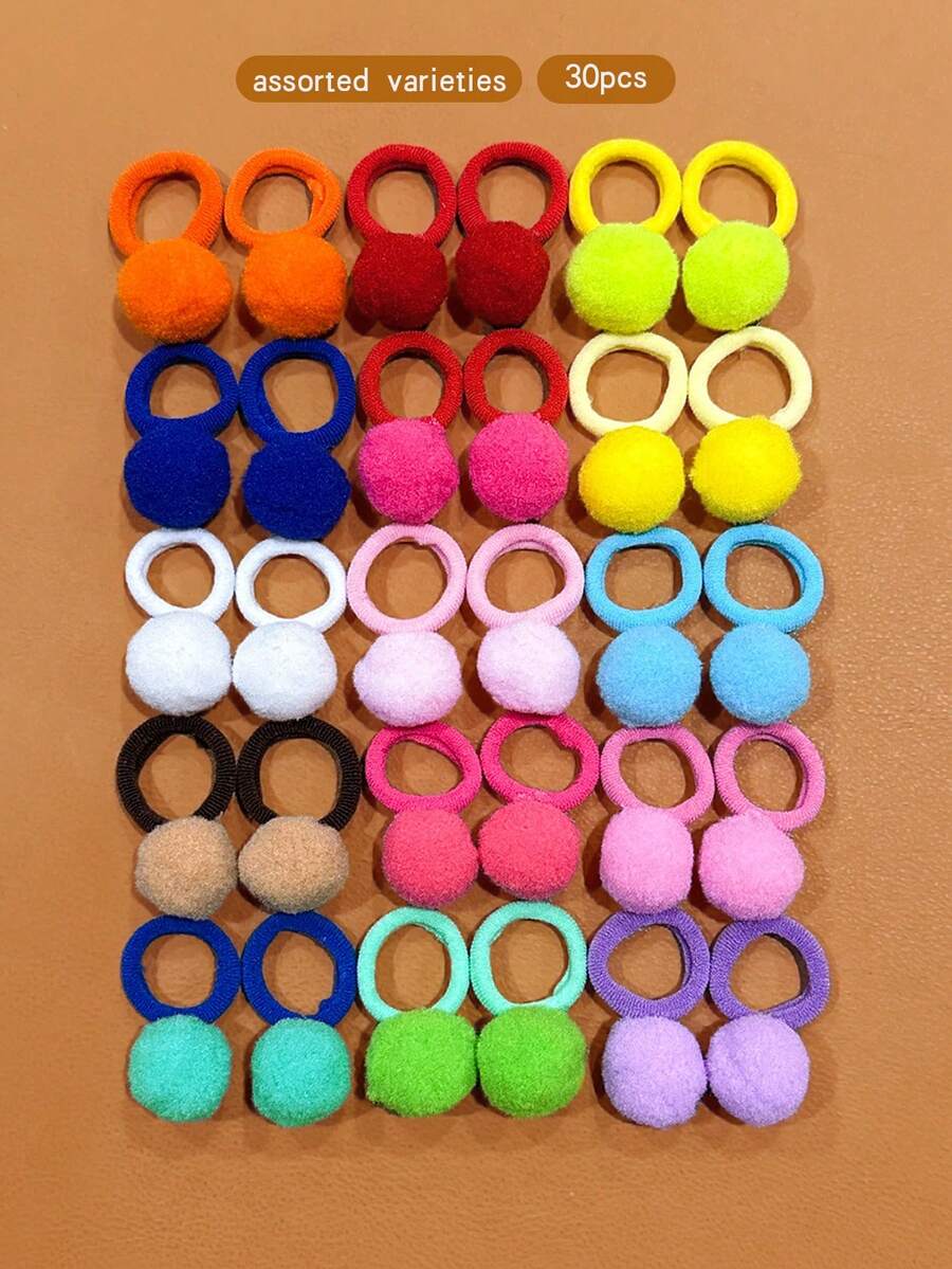 30pcs Random Color Cute Fluffy Ball Hair Scrunchies, Affordable Daily Hair Accessories - Multicolor - View 1