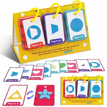 Kids Shape Combination Matching Flashcards Set With Stand, Educational Figure Puzzle Learning Toy, Reusable Shape Assembly Desk Calendar Cards For Preschoolers' Cognitive Skill Building
