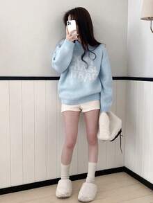 2025 Autumn/Winter Comfortable Letter Print Long Sleeve Pullover Sweater - Baby Blue - View 5