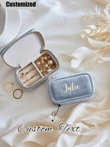 1pc Personalized Velvet Jewelry Box, Customizable Travel Jewelry Storage Box, Elegant Bridesmaid Gift, Birthday Gift For Her, Mother's Day & Valentine's Day Memento, Rectangular Zipper Design, Travel Jewelry Storage, Elegant Memento, Zipper Box, Jewelry Box