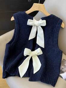 Neighborhood Cute Bowknot Sleeveless Crop Top, Minimalist Fashion Versatile Sleeveless Sweater For Autumn/Winter - Navy Blue - View 3