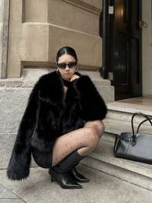 奢华复古时尚女士加厚保暖外套，带人造毛领，冬季外套，柔软绒毛 - 黑色 - 查看 5