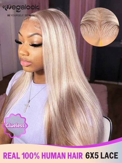 MEGALOOK 6"X5" Shiny Gold Silky Straight 100% Human Hair Wig - 6"X5" Transparent Lace Front 10-30 Inch Pre-Trimmed Gold Wig - Beginner Friendly, Durable, Long-Lasting, Lightweight, Comfortable, Low Shedding For Daily Office Use