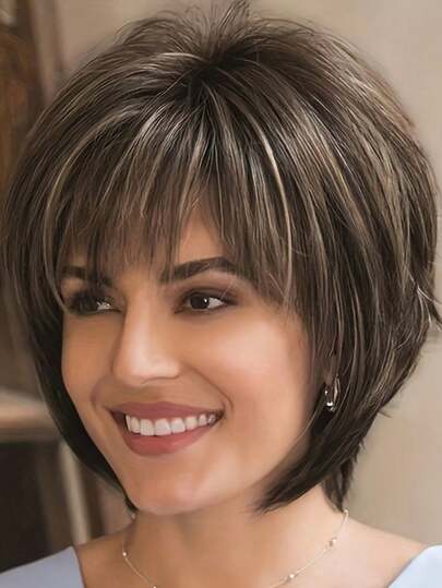 8 Inch Short Straight Synthetic Heat Resistant Wigs With Bangs Wigs For Women Used Daily
