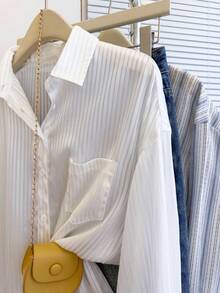 Women's Textured Sheer Striped Long Sleeve Casual Business Blouse, Autumn/Winter - White - View 10