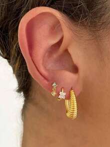 Nooxian 3pcs/Set Fashionable Striped Zirconia Four-Leaf Clover Stud Earrings Set, Suitable For Women's Daily And Holiday Wear - Yellow Gold - View 8