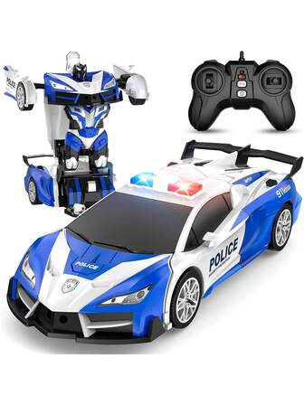 1 st. transformerbar fjärrstyrd bil, transformerande robotbil, lämplig för 3-4 år, 5-6 år gamla pojkar, 2,4 GHz frekvens, skala 1:18 RC transformerande robotbil, transformerande leksaksbil med 360° rotation och en knapp, billeksak med blinkande ljus, kan konverteras mellan robot och fordon, lämplig för 7-12 år gamla pojkar, jul, halloween, påsk, nyårspresent, födelsedagspresent (blå och vit)