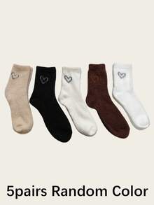 5 Pares/Paquete Calcetines de Mujer Primavera Otoño Invierno Engrosados Cálidos Forrados Térmicos Lindos unicolor Patrón de Corazón Piel de Visón, Calcetines de Media Caña unicolor Simple - Multicolor - Ver 6