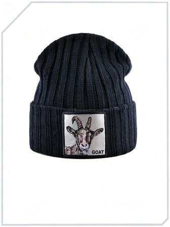 1 pieza Gorro de punto con parche bordado de cabra, unisex, adecuado para uso casual, deportivo y de fiesta