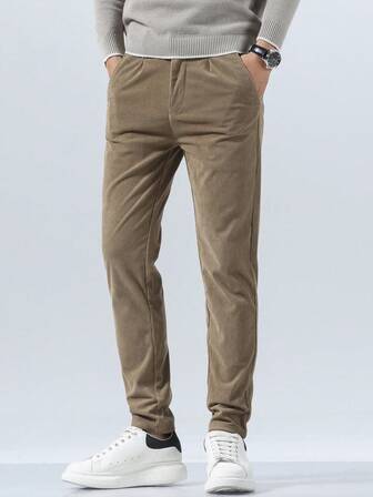 Pantalones casuales rectos de pana de bolsillo lateral de unicolor para hombres, nuevos pantalones casuales para hombres. Adecuado como regalo para esposo, novio y excelente para salir con amigos, fiestas