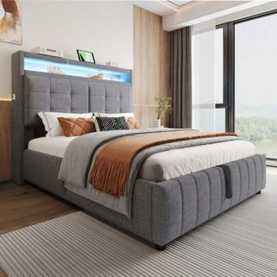 Upholstered Bed 140*200 Cm, With LED Lighting And USB Socket, Headboard With Shelves And Storage Space, With Hydraulic Storage Compartments, Double Adult Bed With Slatted Base, Linen Fabric Grey