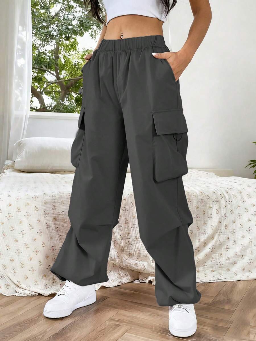 1pc Girls/Teens Loose Flap Pocket Side Drawstring Outdoor Cargo Pants, Spring/Summer/Autumn - Grey - View 1