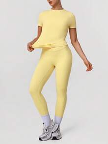 Sodalemon Women Sport Sets Solid Color T-Shirt No Front Seam Classic Design Yoga Leggings Outdoor Run Training Fitness Set - Yellow - View 3