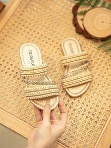 2026 Girls' Woven Chain & Beaded Decor Slides, Glossy Material, Non-Slip, Open Toe, Flat, Luxurious, Ladylike Style Children's Slippers, Suitable For Summer Outings, Elegant Attire, Holidays And Family Gatherings