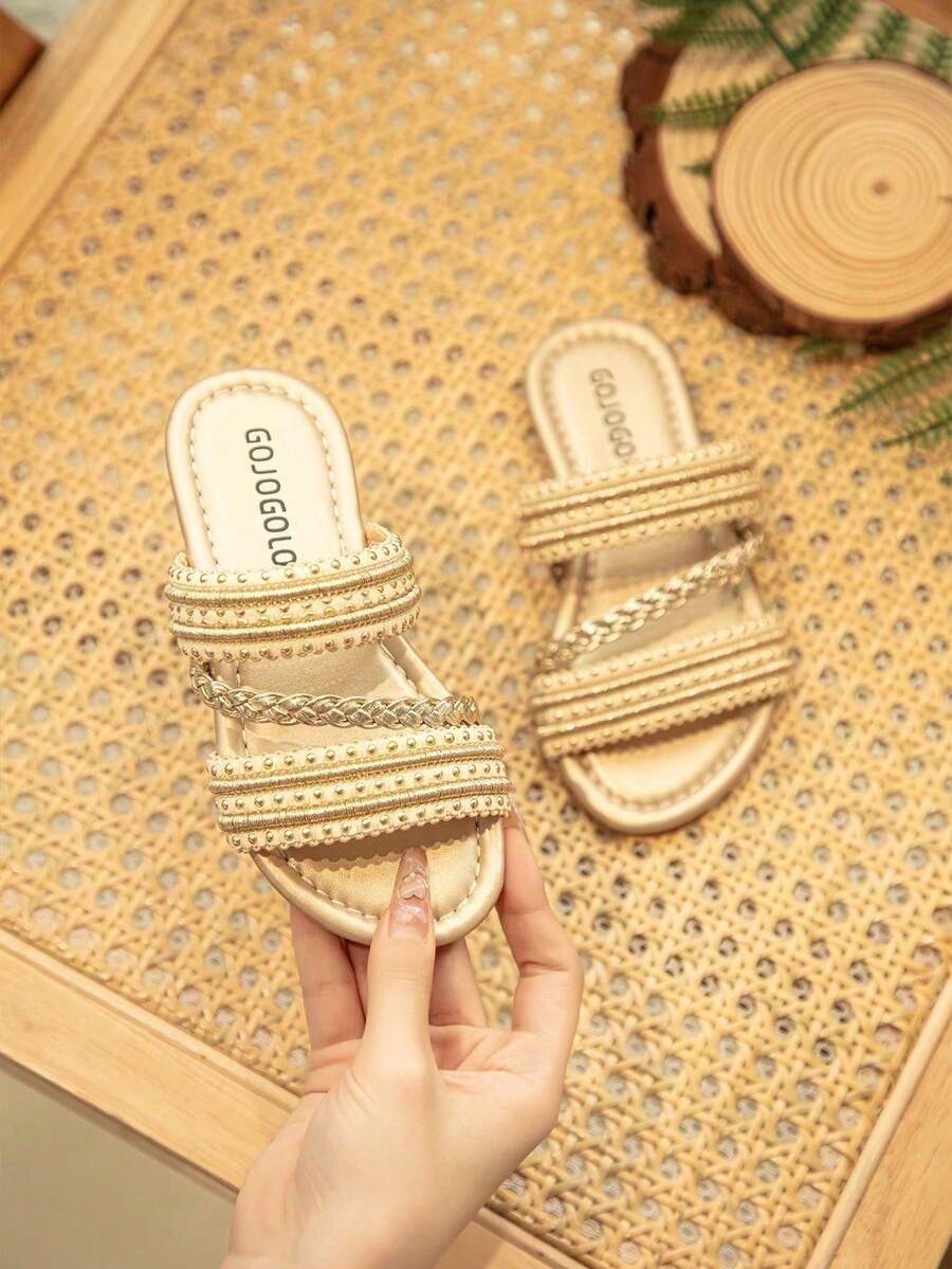 2026 Girls' Woven Chain & Beaded Decor Slides, Glossy Material, Non-Slip, Open Toe, Flat, Luxurious, Ladylike Style Children's Slippers, Suitable For Summer Outings, Elegant Attire, Holidays And Family Gatherings