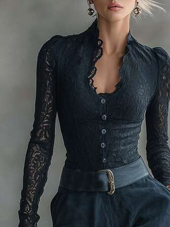 Women's Elegant Vintage Black Lace Long Sleeve V-Neck Puff Sleeve Ruffle Trim Collar Puff Sleeve Gothic Style Button Front Fitted Blouse, Suitable For Office Commute, Spring/Summer New