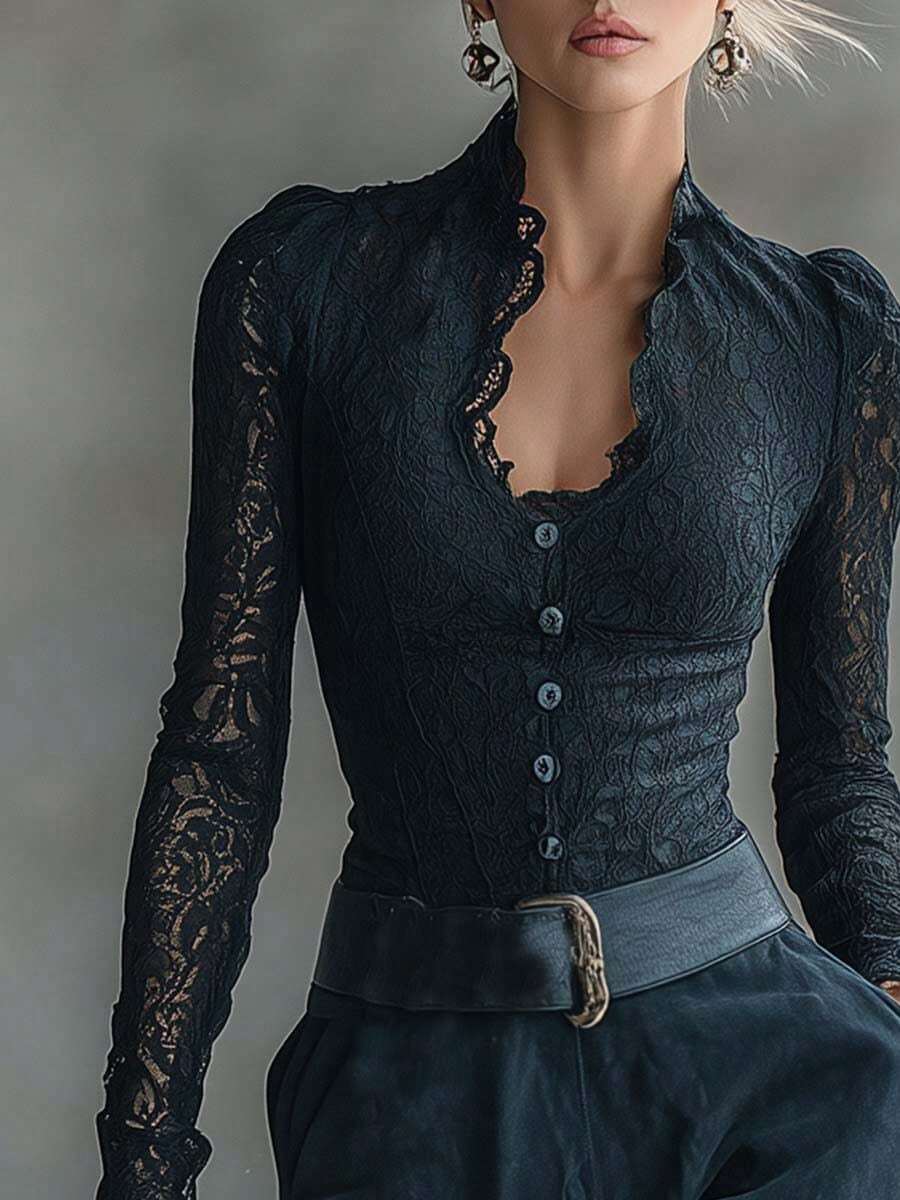 女士优雅复古黑色蕾丝长袖V领泡泡袖荷叶边领口哥特风纽扣修身衬衫，适合办公室通勤，春夏新款 - 黑色 - 查看 1