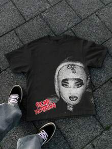 NEON DUSK Men's Black American Fashion Letter Graphic Printed Round Neck Short Sleeve T-Shirt, Casual, Streetwear, Commute - Black - View 1