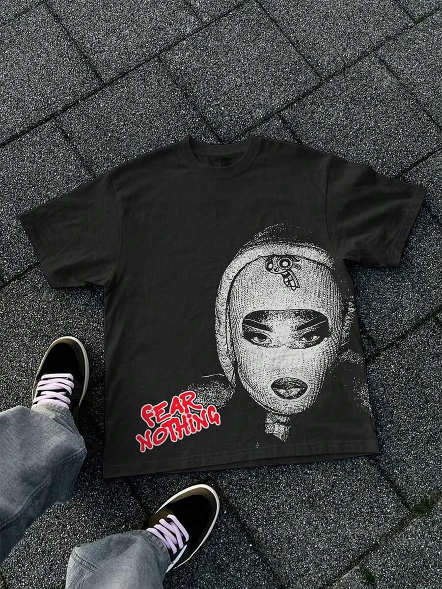 NEON DUSK Men's Black American Fashion Letter Graphic Printed Round Neck Short Sleeve T-Shirt, Casual, Streetwear, Commute - Black - View 1