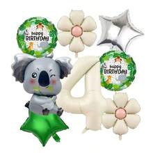 8pcs Koala Foil Balloons - Cute Sitting Design, Cream-Colored Numbers 1-6 Balloon Set, With Green & Silver Stars, Beige Flowers, Round Balloons, Suitable For Birthday, Anniversary, Wedding, Valentine's Day Party Decor, Home Decoration, Atmosphere Setting - Beige - View 7