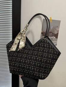 Leichte Schleifendekor, tragbar, lässig, modisches kariertes Muster, schmaler Schal-Dekor, Tweed-Schultertasche für Mädchen, Frauen, Studenten, Büroarbeiter für Herbst und Winter, für Arbeit, Büro, Pendeln, für Herbst und Winter, Outdoor - Schwarz - Übersicht 3