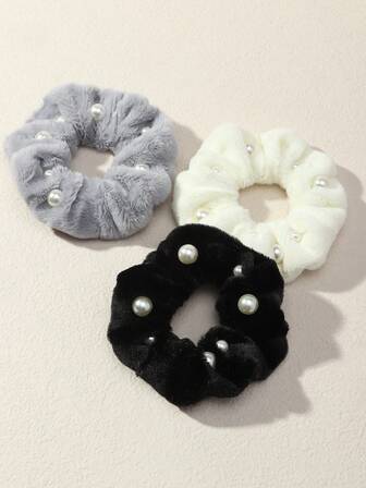 3pcs Women's Fashion Plush Pearl Hair Scrunchies, Black/White/Gray, Suitable For Daily, Autumn/Winter, Party & Gathering ,Hair Ties ,Scrunchy Hair Ties