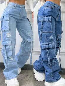 2025 New Fashion Solid Color Versatile Plus Size High Waist Multi Pocket Casual Cargo Denim Pants Women - 深藍 - 查看 1