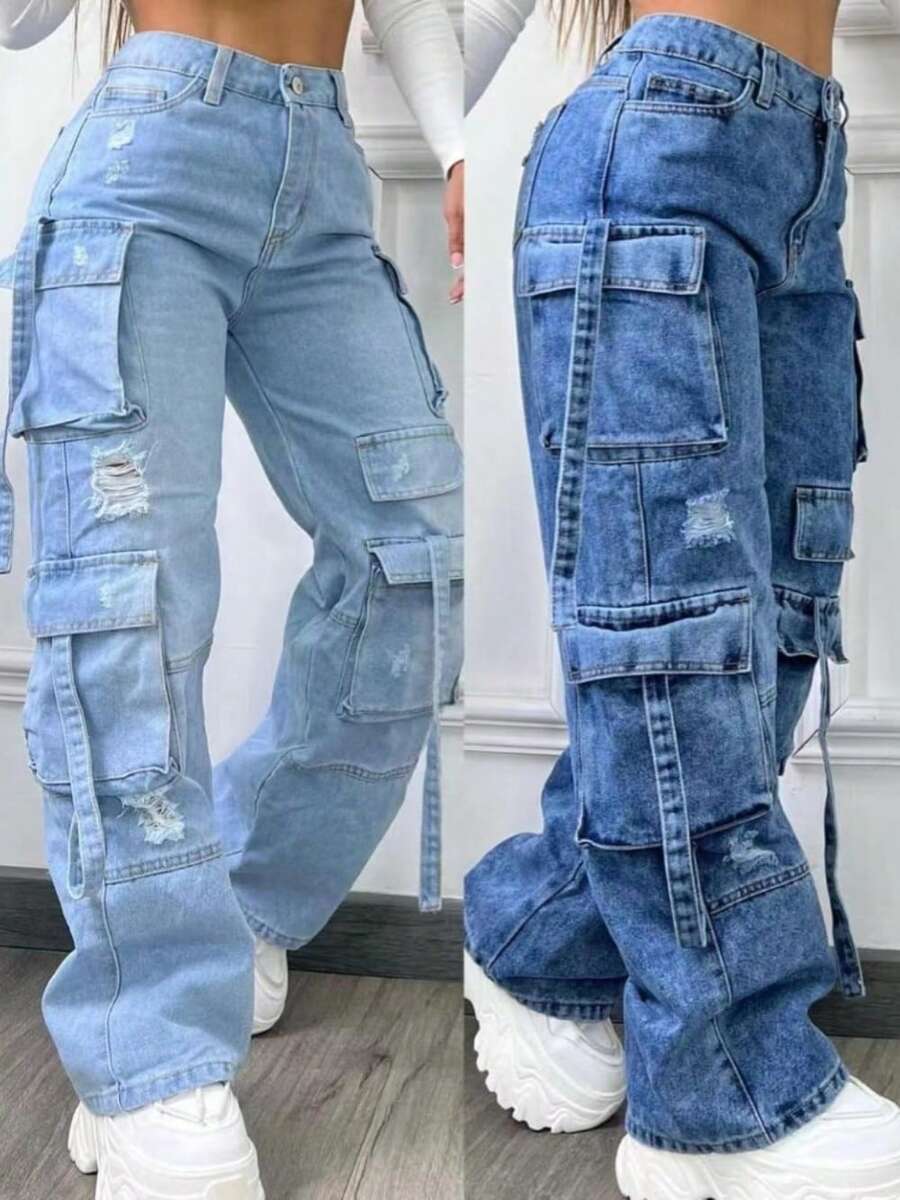 2025 New Fashion Solid Color Versatile Plus Size High Waist Multi Pocket Casual Cargo Denim Pants Women - 深藍 - 查看 1