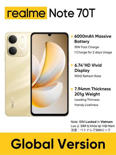 Realme Note 70T 4G Unlocked Cellphone 4GB+64GB/4GB+128GB/4GB+256GB Global Version 4G LTE, Android 15 Smartphone, 50MP AI Camera, 90Hz Display Mobile Phone Pluse Light, 6000mAh Massive Battery, 15W Fast Charge, Octa-Core Chipest, No Adaptor