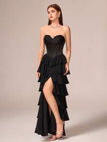 VIPGIRL 奢华优雅女士黑色雪纺无肩带礼服，多层裙摆，长款正式晚礼服 - 黑色 - 查看 7