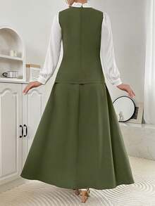 女士纯色单排扣无袖外套和中长裙套装，教师装、商务休闲装、返校季服装、夏季外出装 - 橄欖綠 - 查看 2