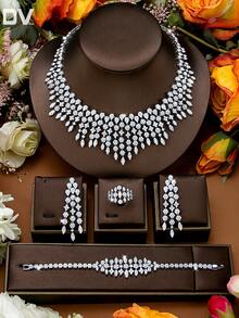 DV JEWELRY 5件套铂金镀层立方氧化锆奢华项链、手链、耳环、开口戒指首饰套装，优雅珠宝礼品，适合女士、派对、周年纪念等场合，附赠礼盒 - 銀色 - 查看 7