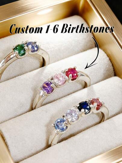 1pc Personalized Birthstone Family Ring, Mother's Day Gift, Minimalist Faux Diamond Stackable Ring, Multi-Stone Ring, Round Family Birthstone Ring, Gift For Mother And Grandmother, Gold/Silver Mother's Birthday Month Ring, Personalized Gift For Her