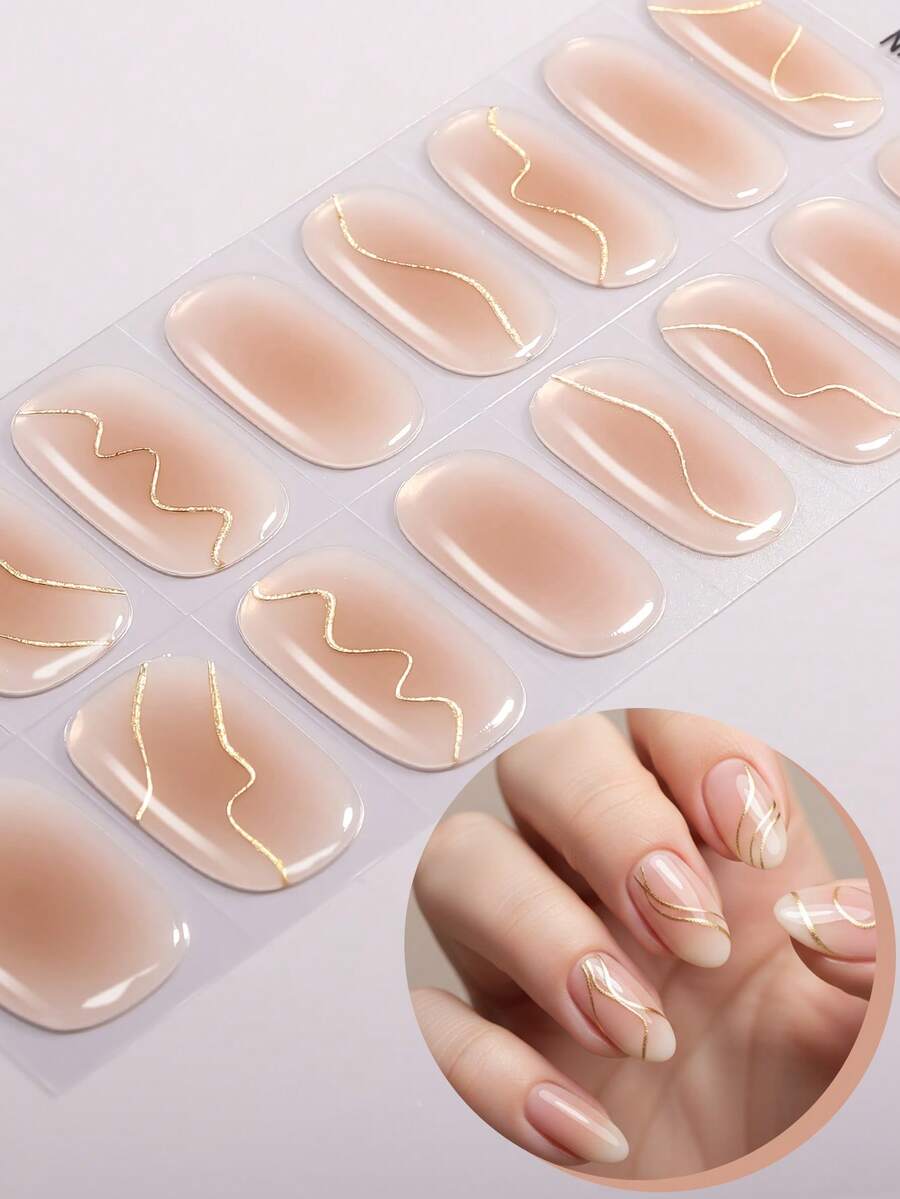 16片半固化凝胶美甲贴纸，裸色渐变金色波浪全甲贴，轻松DIY美甲，需配合UV灯使用，适合女性日常、约会、居家使用。