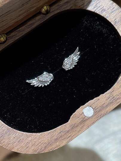 时尚银色锆石翅膀耳钉，女士奢华闪亮水晶几何个性化耳骨钉饰品礼品