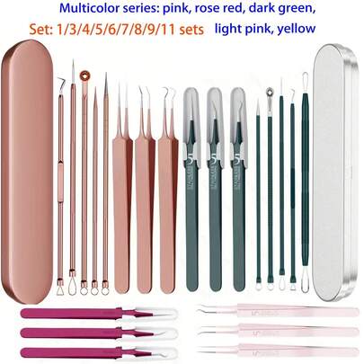 祛痘工具套装，包含黑头去除器、瑕疵去除器和深层清洁面部护理工具