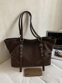 1个女士纯色PU单肩手提包，大容量复古扇形手提包，适合办公、通勤、购物、旅行 - 咖啡棕 - 查看 4