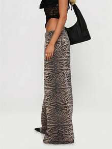 Women's Tiger Striped Denim Pants Fashionable Casual Low Waisted Wide Leg Jeans With Pockets - Màu Khaki - Xem 1