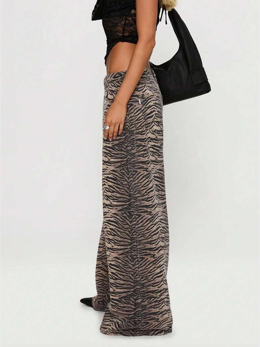 Women's Tiger Striped Denim Pants Fashionable Casual Low Waisted Wide Leg Jeans With Pockets - Màu Khaki - Xem 1