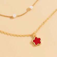 Collar en Capas para Mujer, Collar Colgante Flores, Cadena Clavícula de Perlas Blancas, Hip-Hop con Personalidad Punk, Collar Ajustable, Joyería Moda, Regalo Joyería Cumpleaños para Mujeres(Rojo) - Multicolor - Ver 4