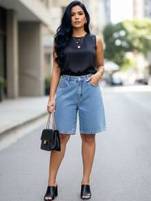 Women's Denim Shorts, High-Waisted, Casual, Cute, Party, Cotton, Pocket, Zipper, Contrasting Waistband, Beach Shorts, Vacation, Summer - Rửa trung bình - Xem 4