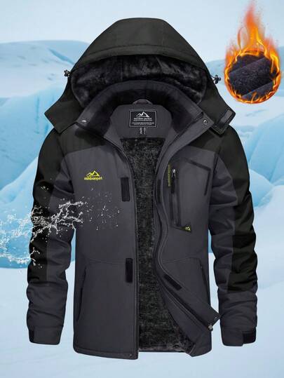 Men's Winter Waterproof Fleece Lined Parka Jackets Mountain Hiking Skiing Coats Warm Sports Thermal Hooded Outdoor Windbreaker With 4 Zipper Pockets, Grey With Black