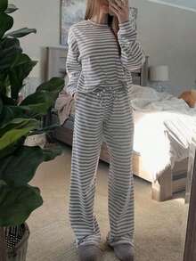 2-Piece Classic Striped Pajama Set: Crew Neck Top, Striped Pants, Casual And Stylish Pajama Set - 灰色 - 查看 3