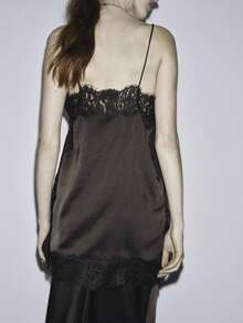 Women Y2k Lace Camisole Top Satin Square Neck Side Split Cami Silk Sleeveless Spaghetti Strap Loose Going Out Tank Backless Nightgown Sleepwear Sliky Short Wedding Nightgown,Party Streetwear,Rave Outfit,Club Outfits,Beach Vacation Outfits,Spring Break Outfits,Valentines Clothes,St Pattys Day Outfit,Easter Outfit - 紅棕色 - 查看 2