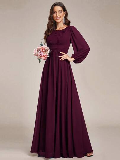 Elegant Chiffon Round Neck Lantern Sleeve Long Sleeve Bridesmaid Dress, Wedding Guest Dress, Autumn