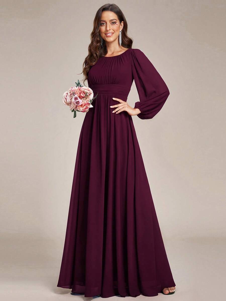 Đầm phù dâu tay dài, cổ tròn, dáng suông, chất liệu chiffon thanh lịch, thích hợp cho đám cưới hoặc dự tiệc, mùa thu xuân.