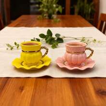 Kürbis-förmiges Keramik Tassen & Untertassen Set, handgemalt in Gold, Silber und verschiedenen Farben, gesund zum Trinken von Wasser und Kaffee, Keramik Tasse & Untertasse, Heim-Dekoration Kaffeetasse, Keramik Wassertasse für Partys und als Geschenk - Verschiedenfarbig - Übersicht 6