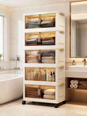 1pc (45cm-60cm Wide) Foldable Plastic Double Door Storage Cabinet, Collapsible Wardrobe, Home Portable Closet, Living Room Toy Cabinet, Snack Cabinet, Kitchen Storage Cabinet, Christmas & Halloween Gift, Bathroom Tissue Box, Bedroom Floor Rack, Collapsible Shoe Rack